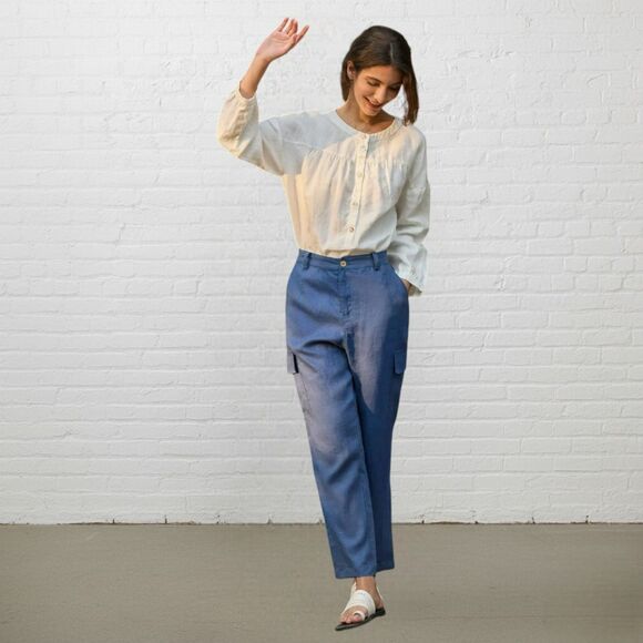 Kate Hill Cargo Pants Size 6 Navy Blue 100% Linen Wide Leg Utility Pockets - Picture 1 of 11